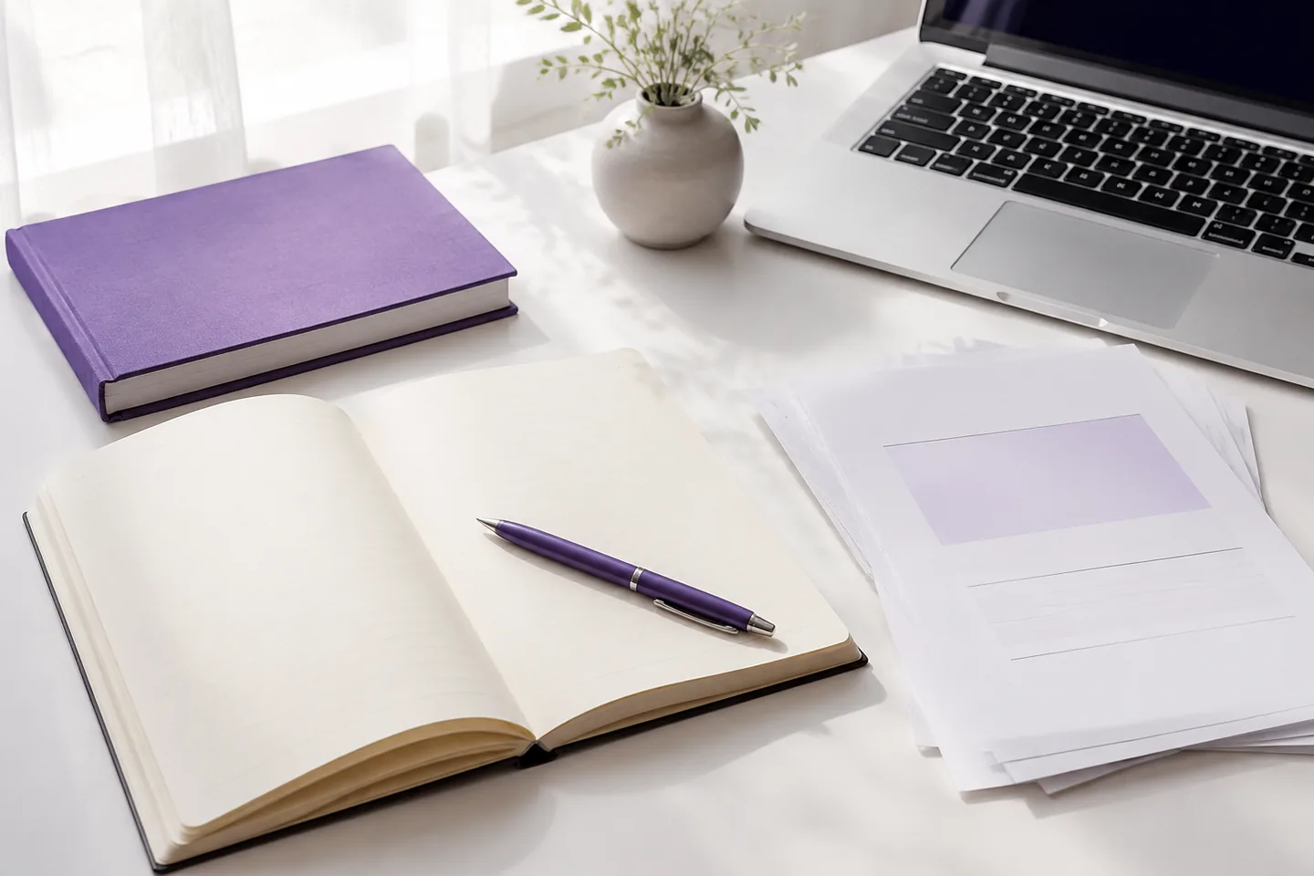 Notebook, violet pen, and laptop arranged for content writing