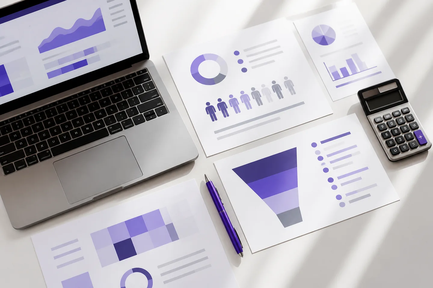 Digital marketing planning desk with violet charts and campaign materials