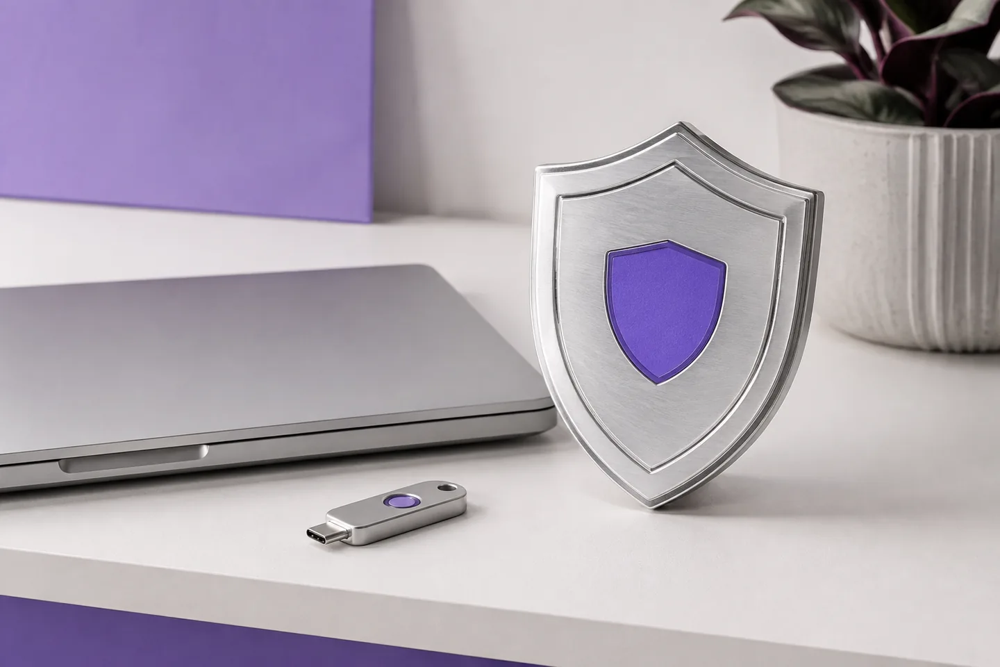 Silver shield, laptop, and security key in a website protection illustration